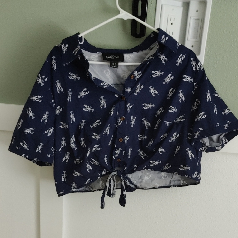 Navy Blue Cropped Tie Waist Lobster print Women's Top